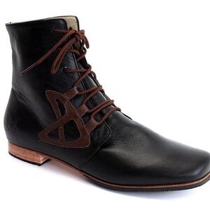John Fluevog Black Leather Lace-Up Ankle Boots with Brown Accents